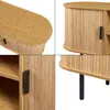 A collage of four close-up images of a bamboo TV stand. Náhľad obrázku produktu