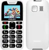 A white EVOLVEO EasyPhone is shown from the front and back, with a close-up of the screen displaying an elderly woman. Voir les images du produit