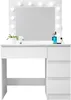 A white vanity table with a mirror and lights, displaying some cosmetic products. Produktbild-Vorschau