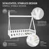 A diagram illustrating the features of a white wooden children's bed. Produktbild-Vorschau