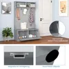 A gray entryway hall tree with a bench and storage compartments, shown in a room setting with a door and wall art. Close-up insets highlight magnetic latching and non-slip feet. Náhled obrázku produktu