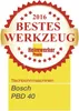 A marketing badge indicating the Bosch PBD 40 was awarded 'Best Tool 2016' by Heimwerker Praxis. Podgląd zdjęcia produktu