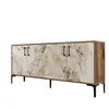 A long, low cabinet with four doors, featuring a white marble-like pattern on the doors and a wood-grain finish on the sides. It stands on four black legs. Podgląd zdjęcia produktu