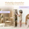 A split image showing a children's play area on the left and a child interacting with a bookshelf in a bedroom on the right. Produktbild-Vorschau
