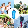 Collage of people engaged in outdoor activities like running, cycling, hiking, and picnicking, with a central image of a blue hydration flask. Produktbild-Vorschau