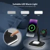A charging station with a phone, watch, and earbuds, with a finger touching a button on the charging station. Podgląd zdjęcia produktu