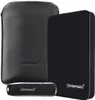 A black external hard drive, a black leather sleeve, and a black USB flash drive are arranged on a white background. Produktbild-Vorschau