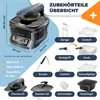 A collage of images showing a multi-cooker and its accessories, with dimensions and specifications listed. Produktbild-Vorschau