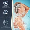 A woman is showering and splashing water, with marketing text and icons on the left. Produktbild-Vorschau