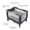 A travel crib/playpen with labels pointing out its features. Náhľad obrázku produktu