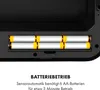 A close-up view of the battery compartment of a trash can, showing six AA batteries inserted. Produktbild-Vorschau