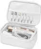 A white toiletry bag containing an electric manicure and pedicure set with various attachments stored in a mesh pocket. Podgląd zdjęcia produktu