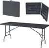 A black folding table is shown in three different configurations: folded and closed, folded and open, and fully set up. Náhled obrázku produktu