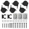 A collection of hardware components including casters, hinges, and screws, laid out on a white background. Produktbild-Vorschau