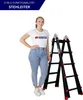 A woman stands next to a black and red multi-purpose ladder against a white background. Produktbild-Vorschau