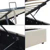 A collage of close-up shots of a bed frame, showing its construction and storage mechanism. Produktbild-Vorschau