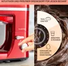A red Klarstein kitchen mixer is shown with a hand adjusting a dial. A circular graphic overlay details different functions of the mixer, and a background image shows chocolate batter. Produktbild-Vorschau
