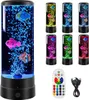 A collage of LED lava lamps with different colored lights and fish, along with a remote control and USB cable. Produktbild-Vorschau