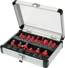 An open aluminum case containing a set of router bits. Podgląd zdjęcia produktu