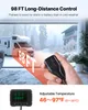 A split image showing a remote control for a heater and a digital display of the heater's controls, with a background image of a camper van in a snowy environment. Produktbild-Vorschau