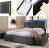 A collage of images showing a bed frame with LED lighting, its internal structure, and a close-up of the headboard. Náhled obrázku produktu