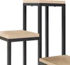 A close-up view of a multi-tiered plant stand with wooden shelves and black metal framing. Náhled obrázku produktu