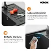 Collage of images showing a black kitchen sink with tomatoes and a knife, and a hand wiping the sink. Produktbild-Vorschau
