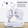 A close-up marketing image of a white and purple mini sewing machine, with a smaller inset image showing the automatic winding feature. Produktbild-Vorschau
