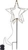 A wireframe star-shaped light decoration with LED lights, mounted on a stake, with a battery pack attached by a wire. Produktbild-Vorschau