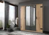 A modern wardrobe with mirrored doors and wood-effect panels, set in a room with large windows and decorative curtains. Produktbild-Vorschau