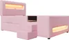A pink upholstered bed frame with integrated steps, storage, and LED lighting. Náhľad obrázku produktu