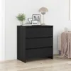 A black wooden sideboard with three drawers is placed against a white wall on a light wooden floor. Decorative items like framed pictures, a vase with a plant, and a lamp are arranged on top of the sideboard. Náhled obrázku produktu
