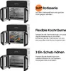 Three views of a black and silver air fryer oven, each highlighting a different feature with accompanying German text descriptions. Náhľad obrázku produktu