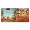 A children's book illustration depicting a construction site in a sandbox with toy vehicles and characters. The scene is divided into two pages, with text on the left page and a more detailed illustration on the right. Voir les images du produit