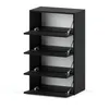 A black shoe cabinet with four open doors, shown against a white background. Produktbild-Vorschau