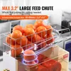 A close-up view of a commercial orange juicer with a basket full of oranges and text highlighting its features. Produktbild-Vorschau