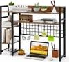A desk shelf unit with various items on it, including a laptop, headphones, books, and decorative objects. Produktbild-Vorschau