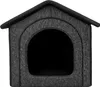 A front view of a dark gray fabric dog house with a black arched entrance. Náhled obrázku produktu