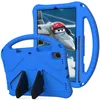 A blue tablet case with a built-in stand and handle, shown from the back and side. Produktbild-Vorschau