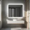 A modern bathroom vanity with a lit mirror above it. Produktbild-Vorschau
