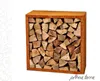 A metal log holder filled with firewood, presented on a white background with a decorative pattern on the left side. Produktbild-Vorschau
