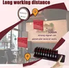 A marketing image showing a restaurant pager system with a base station and individual pagers, illustrating its long working distance and ability to penetrate walls. Produktbild-Vorschau