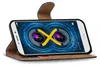 A book-style phone case with a smartphone inside, displaying a dual-camera graphic and time. Produktbild-Vorschau