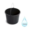A black bucket with a metal handle is shown on a white background, next to a graphic of a water droplet with text. Anteprima dell’immagine prodotto