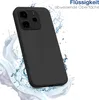A black phone case is shown with water splashing around it, suggesting water resistance. Produktbild-Vorschau