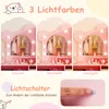 A collage of three images showing a pink children's vanity with lights on, demonstrating different light colors, and a close-up of a finger pressing a light switch. The top of the image features a cartoon polar bear and text indicating "3 Light Colors". Voir les images du produit