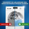 A split image showing a washing machine drum. The left side shows the drum with dirt and grime, labeled 'OHNE CALGON' (Without Calgon) with a red cross. The right side shows a clean drum with clear water, labeled 'MIT CALGON' (With Calgon) with a green che Produktbild-Vorschau