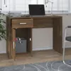A brown wooden desk with a laptop, books, and storage compartments.