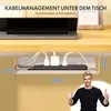 A desk with a laptop and a cable management system underneath, with a man giving a thumbs up. Produktbild-Vorschau