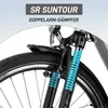 Close-up of a bicycle's front suspension system with text overlays. Produktbild-Vorschau